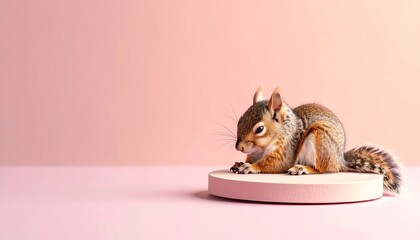 a cute cartoon squirrel sitting on a round surface against a soft pink background