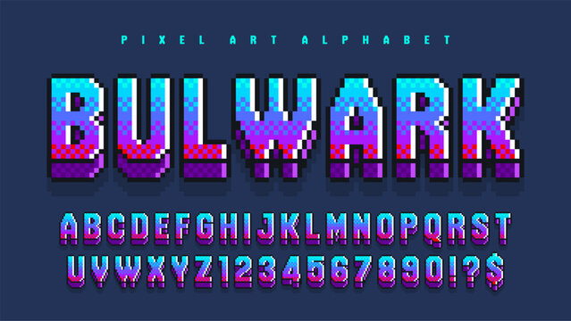 Original pixel alphabet. Retro console game style. High contrast and sharp, retro-futuristic.