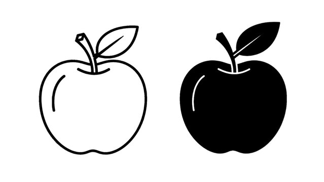 Vector illustration of simple apple outline and solid fruit icons, on transparent background for healthy eating concept