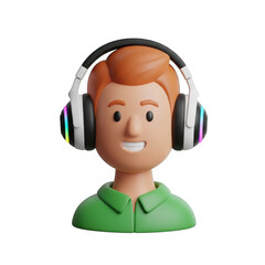 3d cartoon guy with headphones isolated on transparent background