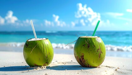 Fresh coconuts with straws on a sandy beach, with a clear blue sky in the background, a tropical refreshing drink perfect for a summer day.