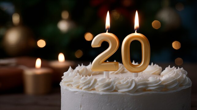 20th birthday cake with gold number 20 candles burning on white buttercream frosting with warm bokeh lights background