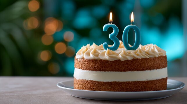 30th birthday cake with blue number 30 candles burning on layered sponge cake with cream frosting on plate and festive bokeh lights