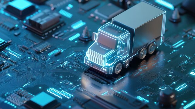 modern digitalized transportation concept with glowing truck on electronic circuit board background showcasing future delivery technologies