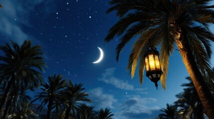 Glowing crescent moon and vibrant lantern over silhouetted palm trees in a starry night sky, celebrating Ramadan.