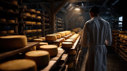 Cheesemaker inspects aging cheese wheels on wooden racks in a warm-lit artisanal dairy, emphasizing traditional craftsmanship and quality assurance.