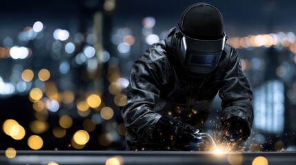 Welder concentrates on joint with sparks flying, against a blurred factory backdrop with glowing bokeh lights. Suitable for industry and manufacturing themes.