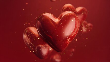 Fototapeta premium Floating glossy red hearts adorned with golden sparkles on a matching red background create a romantic and festive atmosphere perfect for Valentine's Day cards.