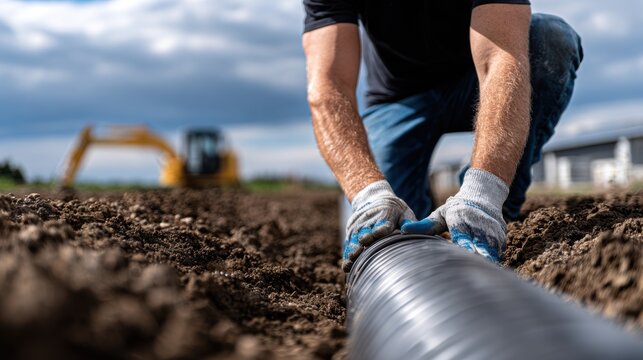 Worker connecting drainage pipe in trench, emphasizing stormwater management amidst construction site setting under cloudy sky.