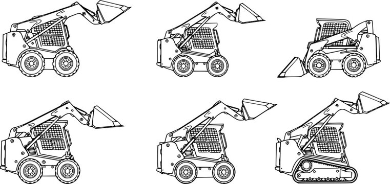 Set of Skid steer loaders Outline vector illustration isolated On Transparent Background
