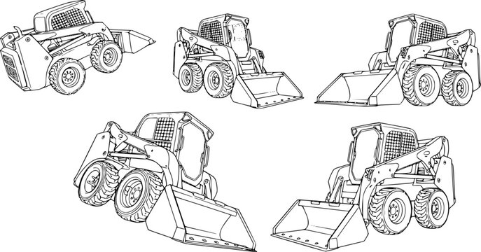 Set of Skid steer loaders Outline vector illustration isolated On Transparent Background
