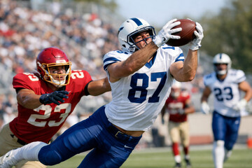 A focused male athlete leaps to catch a football, showcasing determination. An opposing player attempts to tackle him during a game.