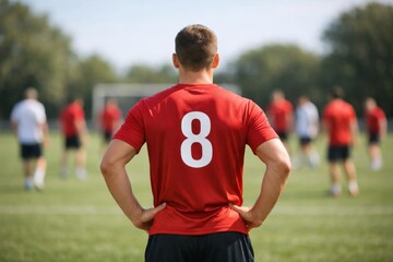 A male athlete in a red jersey with number 8 stands focused on a soccer practice session in the background.