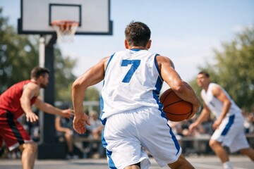 Male athlete in a white jersey dribbles a basketball during an intense game on an outdoor court.