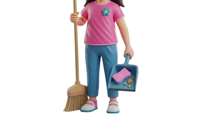Child character with broom and dustpan