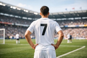 A male soccer player stands on the field, wearing a white jersey with the number 7, gazing at the cheering crowd.