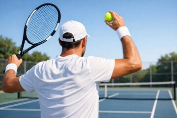 Male athlete prepares to serve a tennis ball on a sunny day, showcasing concentration and skill with bright blue skies overhead.