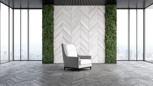Modern interior space features a single contemporary armchair against a decorative chevron pattern wall flanked by green plant columns