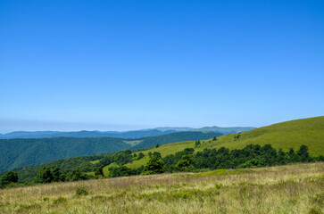 
Vast countryside landscape featuring rolling green hills, grassy meadows, and distant forested ridges under a bright blue sky. Carpathian Mountains, Ukraine
