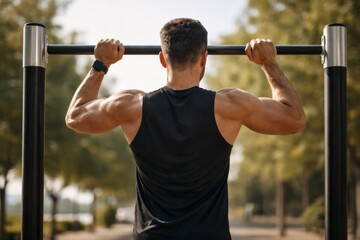 Naklejka premium A muscular man performing pull-ups at an outdoor gym, showcasing his strength and determination on a sunny day.