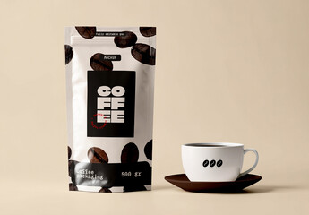 Coffee Packaging Bag with Cup Mockup