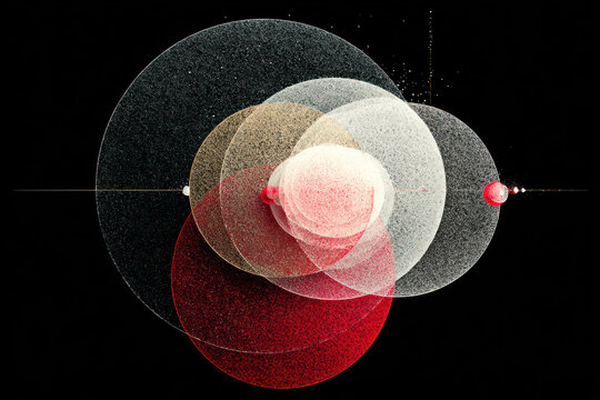 An abstract composition of intersecting translucent circles and spheres on a black background  - Powered by Adobe