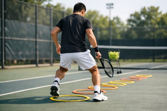 Male athlete practicing footwork drills on a tennis court, white shorts and black shirt, focused on improving agility.