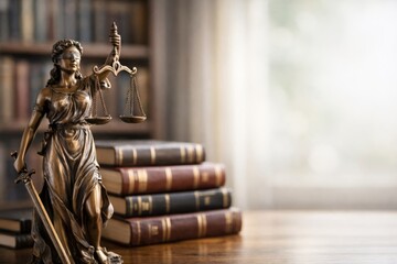 A close-up of a bronze Lady Justice statue holding scales, symbolizing law and equity, with stacked books in a soft, blurred background.