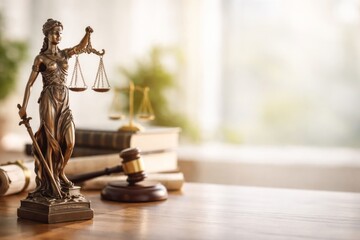 A bronze statue of Lady Justice holding scales and a sword, symbolizing law and fairness, with law books and a gavel in the background.