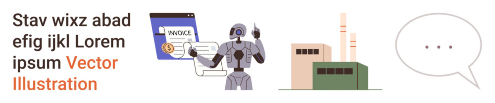 Automation, artificial intelligence, robotics, industrial processes, digital communication, technology. A robot interacting with an invoice alongside industrial buildings and speech bubble