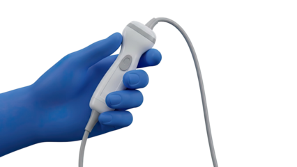 Hand in blue glove holding ultrasound probe