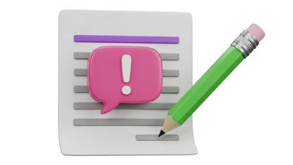3D Illustration: Exclamation Mark in Speech Bubble, Pencil, and Document