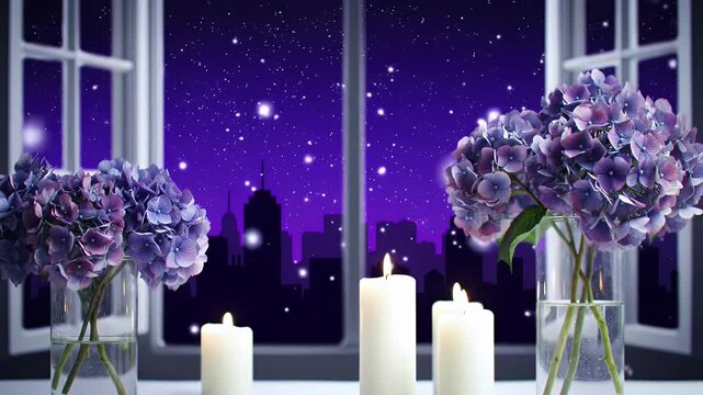 A tranquil evening centerpiece by the window with purple hydrangeas and softly glowing candles