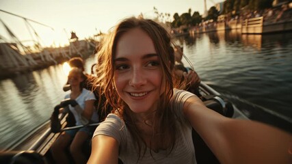 Rollercoaster, Young woman taking selfie on boat during sunset with cityscape in background. - Powered by Adobe