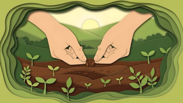 Two hands carefully plant small green seedlings into dark brown soil within a layered green landscape frame under the sun.