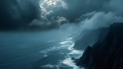 Dramatic stormy seascape with rugged coastline and dark clouds