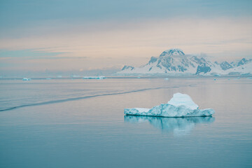 Antarctica Icebergs Gerlache Strait Calm Waters At Sunset With Mountains Covered in Snow. Remote...
