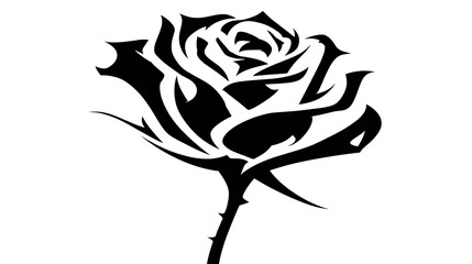 Stylized black and white silhouette of a blooming flower with thorns on its stem