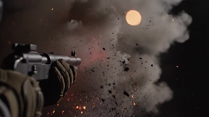 A powerful and dramatic closeup shot captures a weapon firing with an intense fiery explosion sending bright sparks and thick smoke billowing into the dark night illustrating extreme force and dynami.