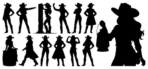 Cowgirl Silhouette Collection in Western Attire with Dynamic Poses on Transparent Background