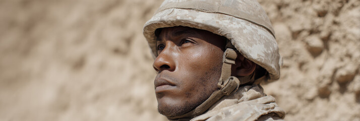 Calm soldier portrait desert uniform helmet focus grit resilience courage strength dusty wall closeup