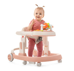 Cute little baby girl using walker on white background