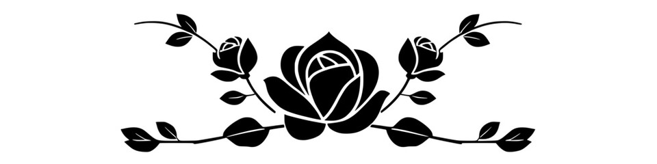 Elegant rose floral ornament with central flower, raised buds, and decorative leaves in black silhouette, isolated on white background. Botanical design ideal for wedding invitations, headers, frames.