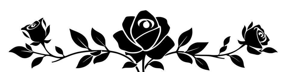 Decorative rose floral border with branches in black silhouette, isolated on white background. Elegant botanical ornament ideal for wedding invitations, greeting cards, banners, frames, and classic. © Aanchal
