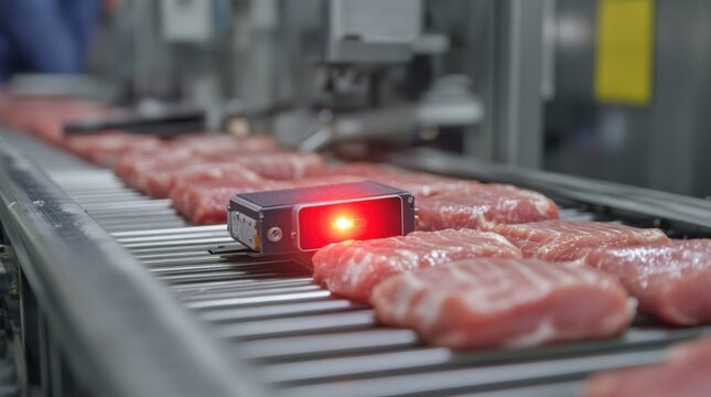 A detailed inspection of conveyor belts lined with products where a camera system scans for defects highlighting one item with a flashing red indicator.