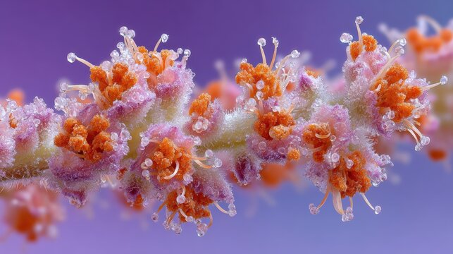 Closeup of cannabis flower pistils with soft orange hues