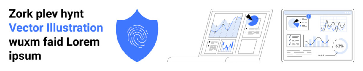 Cybersecurity, data analysis, identity verification, business intelligence, risk management, privacy protection. Digital shield with fingerprint and laptops displaying data. Cybersecurity and data