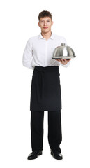 Waiter in uniform with tray and lid on white background