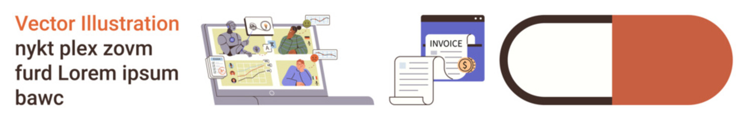 Business analytics, healthcare, finance, technology, health management, education. A laptop with data charts, an invoice with documents and a pill capsule. Business analytics and healthcare concepts