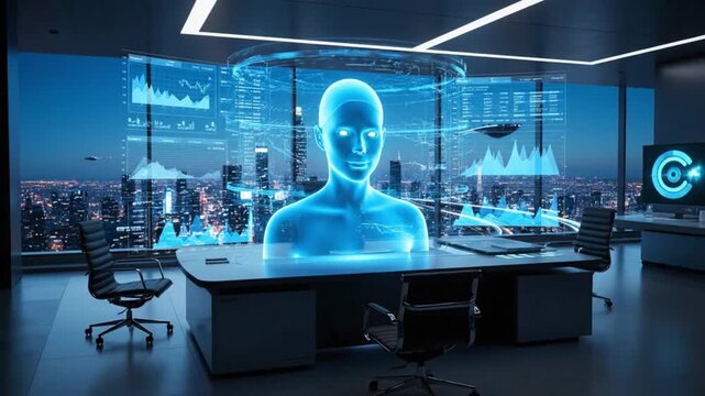 Futuristic Office with Digital Avatars and Data Visualization
